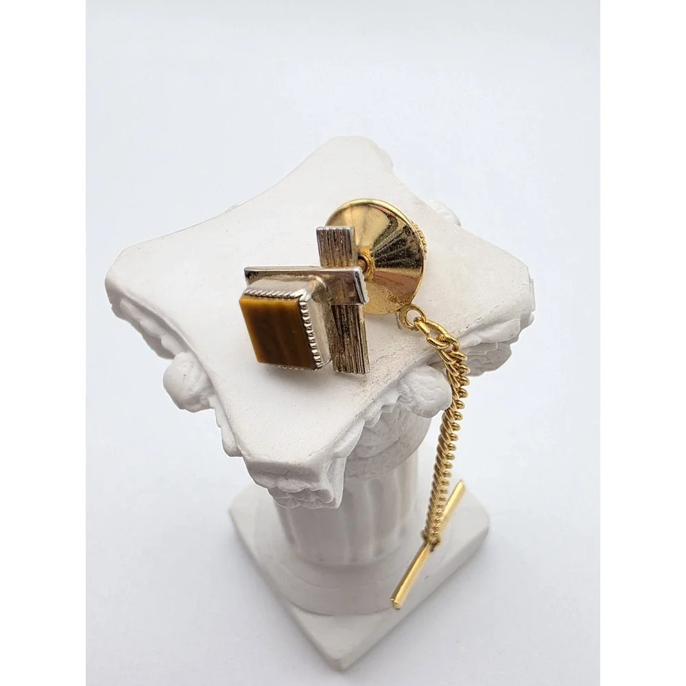 Vintage Natural Tiger's Eye Tie Tack Pin Gold Tone Semi-Precious FREE $HIPPING!!